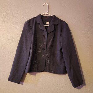Spago Women's Pale Size 10 Indigo 4 Button Blazer With Flower Embroidery
